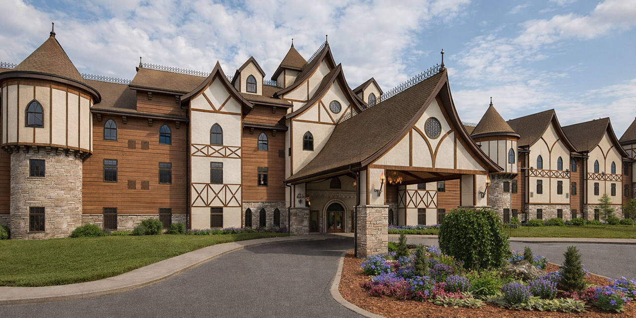 Rendering of a large medieval resort.