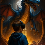 Rendering of a boy with VR glasses looking at a dragon.