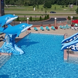 Outdoor pool with slide and poolside seats.