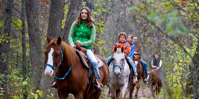 Kids and Family riding horses on a wooded trail