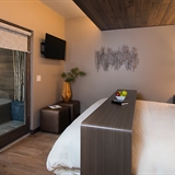 Bedroom with private bathtub and fireplace.