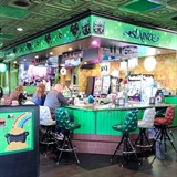 Green, shiny bar area.